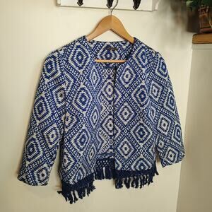 J. McLaughlin Southwestern Aztec Tassel Trim Cardigan in Blue/White Size Small